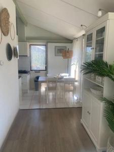 a kitchen and dining room with a table and chairs at Bungalow 049 in Petten