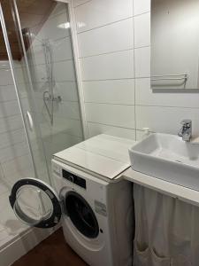 Eine Waschmaschine im Badezimmer neben einem Waschbecken in der Unterkunft Duplex with spectacular mountain views for 8 in Porté-Puymorens
