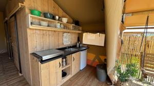 an interior view of a kitchen in a tiny house at Safari Lodge B in Petten