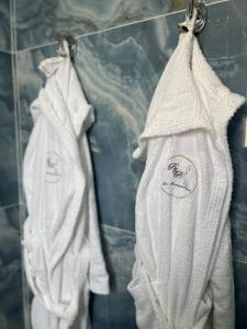 two towels hanging on a rack in a bathroom at La Romantique Rooms and Apartments TROPEA in Parghelia +93 photos
