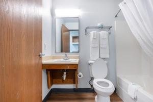 a bathroom with a toilet and a sink and a mirror at Suburban Studios Huntsville University Area in Huntsville +7 photos