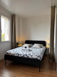 a bedroom with a bed in a room with a window at LE FONTAINE aux portes du village avec parking in La Roche-sur-Foron