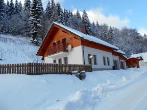 een huis in de sneeuw met een hek bij Apartment U Erlebachů in Cerny Dul