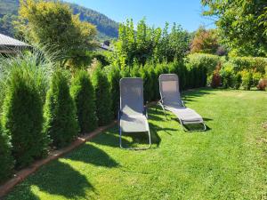 two chairs sitting in the grass in a garden at Appartement 2 Schlafzimmer, Terrasse, Hund, Kamin in Bodenwerder +7 photos