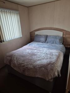a bedroom with a large bed with blue pillows at Caravan by the Sea 641 in Kinmel Bay
