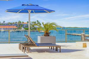 a bench with a blue umbrella and a palm tree at Experience The Groovy Harbour House Lifestyle in Oranjestad