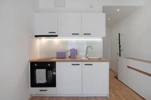 a kitchen with white cabinets and a sink at Design City Apartment Casper am Yachthafen in Greifswald