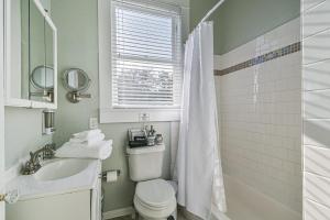 une salle de bain avec toilettes, lavabo et douche dans l'établissement Cozy 2nd-Floor Suite near Beach, The Strand, Pier, à Galveston