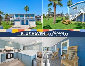 a collage of three pictures of a bluehaven beach house at Cozy beach bungalow close to ocean with large yard in Galveston