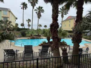 a view of a swimming pool with chairs and palm trees at Modern condo right across from beach and pool in Galveston