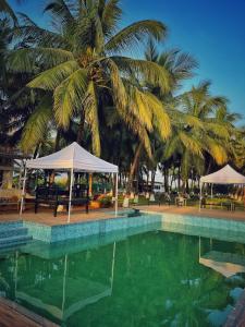 a swimming pool with a tent and a palm tree at Cayana Palms in Sāhān