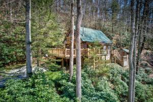 una cabaña de madera en medio del bosque en Creeksong Cabin, en Elk Park