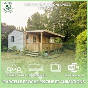 a advertisement for a tiny house with a porch at Mobilhomes 6 & 4 pers à Ivry La Bataille Clim TV Wifi terrasse & confort Paris Eure Gestion in Ivry-la-Bataille