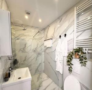 Le Chic 102 في بروكسل: حمام مع دش ومغسلة ومرحاض