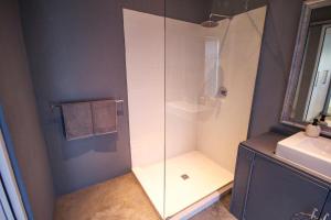 a bathroom with a glass shower with a sink at Calm Oasis in the heart of the Karoo in Prince Albert