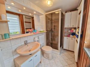 a bathroom with a sink and a toilet and a shower at Neubert in Arnoldshammer +19 photos