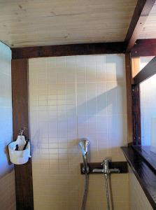 a shower in a bathroom with a sink at Le Sabel - Cabanon in Mourèze