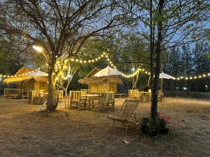 a group of tables and umbrellas with lights at มีสุข ฟาร์มสเตย์ in Lop Buri