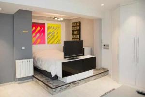 Un dormitorio con una cama y un televisor de pantalla plana. en Loft San Francisco 26, en Pamplona