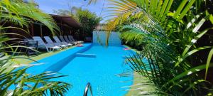 una piscina in un cortile con sedie e alberi di Ballena Rey Hotel a Uvita