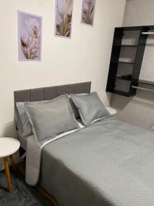a bedroom with a bed and paintings on the wall at Apartamento compartilhado em Guarapuava - Quarto 2 in Guarapuava