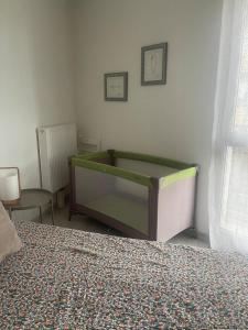 een slaapkamer met een groen en wit bed in een kamer bij Le 41a in Chartres +10 foto's