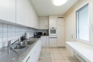 a kitchen with white cabinets and a sink and a window at Swiss Suites Oberrohrdorf in Rohrdorf