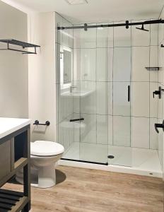 a bathroom with a shower and a toilet at Hotel Rose in Rockford