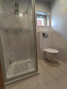 a bathroom with a shower and a toilet at Ubytovanie Pod lesom in Ľubica