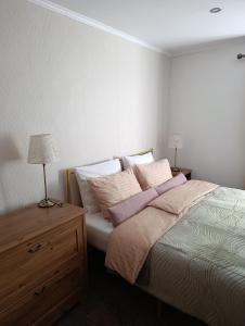 1 dormitorio con cama con almohadas y mesita de noche en Ubytovanie Pod lesom, en Ľubica