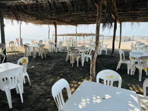 a group of tables and chairs on the beach at Hospedaje chachalacas in Chachalacas