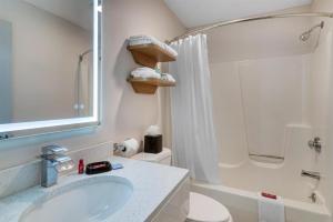 ウェスト・スプリングフィールドにあるBaldwin Inn & Suites, SureStay Collection by Best Westernの洗面台、シャワー、トイレ付きのバスルーム +42枚の写真