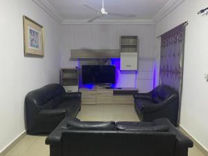 a living room with two leather couches and a tv at Splendid Apartments in Mbarra Kunku