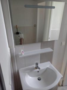 een badkamer met een witte wastafel en een spiegel bij Les mirabelliers 