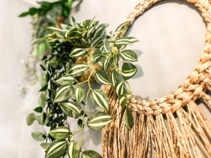 a wicker basket with a plant on a wall at Studio Oasis Emeraude in Saulx-les-Chartreux