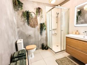 a bathroom with a shower and a toilet and a sink at Studio Oasis Emeraude in Saulx-les-Chartreux +16 photos