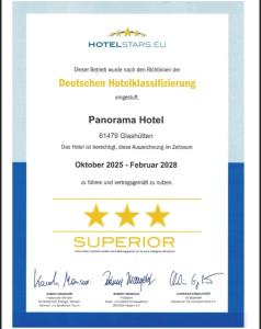Certifikát, hodnocení, plakát nebo jiný dokument vystavený v ubytování Panorama Hotel