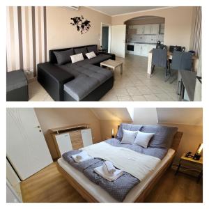 a living room with a bed and a kitchen at Nest Apartman in Hajdúszoboszló