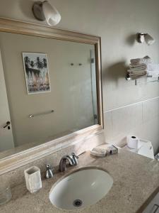 ein Badezimmer mit Waschbecken und Spiegel in der Unterkunft Casa familiar en Carrasco, playa in Montevideo