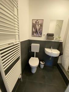 un baño con inodoro y lavabo en Avella House, en Mühlheim am Main 9 fotos más