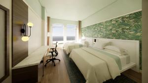 a bedroom with three beds and a desk and a window at Hotel Eastport in The Villages