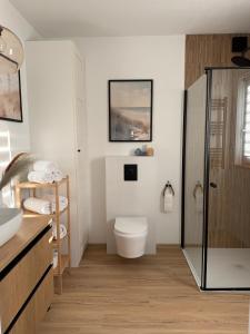 a bathroom with a toilet and a glass shower at Domki przy Lesie Sasino in Sasino +24 photos