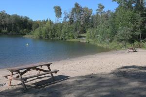 a picnic table on a beach next to a lake at Condo familial Mont Blanc, accès ski in Ski out in Saint-Faustin