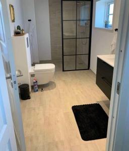 a bathroom with a toilet and a glass shower backdoor at F27-K, 4 people, 4 bedrooms, fully furnished in Aalborg