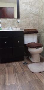 a bathroom with a toilet and a sink with a mirror at Casa en renta, fraccionamiento Victoria, Oaxaca in Oaxaca City