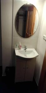 a bathroom with a sink and a mirror at Penzion Kongu in Telnice