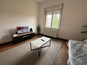 a living room with a couch and a coffee table at Boulevard 4 personnes Un Séjour à Part in Longeville-lès-Metz +16 photos