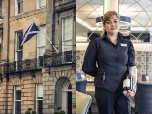 a woman is standing in front of a building at Mercure Edinburgh Haymarket in Edinburgh