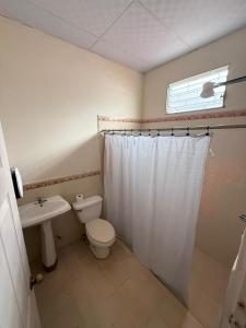 a bathroom with a toilet sink and a shower curtain at Villa San Carlos in Juayúa +60 photos