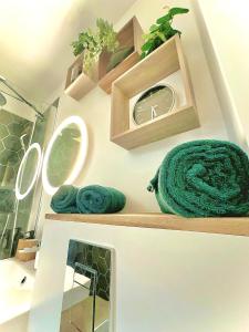 a bathroom with green towels and plants on a shelf at Le QG des Super Héros Marvel in Nevers +21 photos